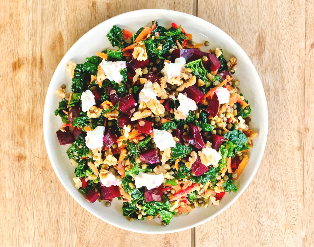 Lentil and beetroot salad photo from above