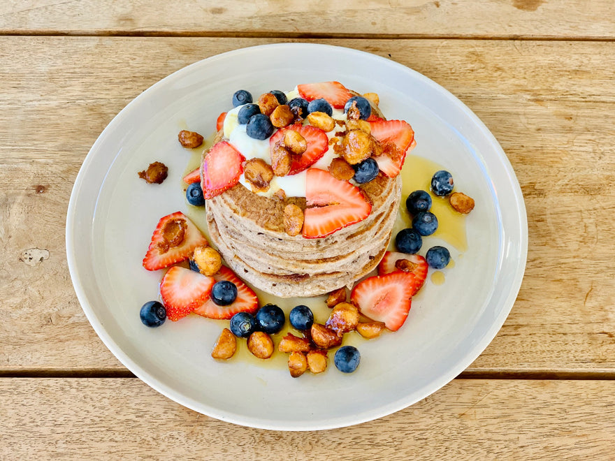 Green Banana Pancakes with Berries & Honey Roasted Macadamias