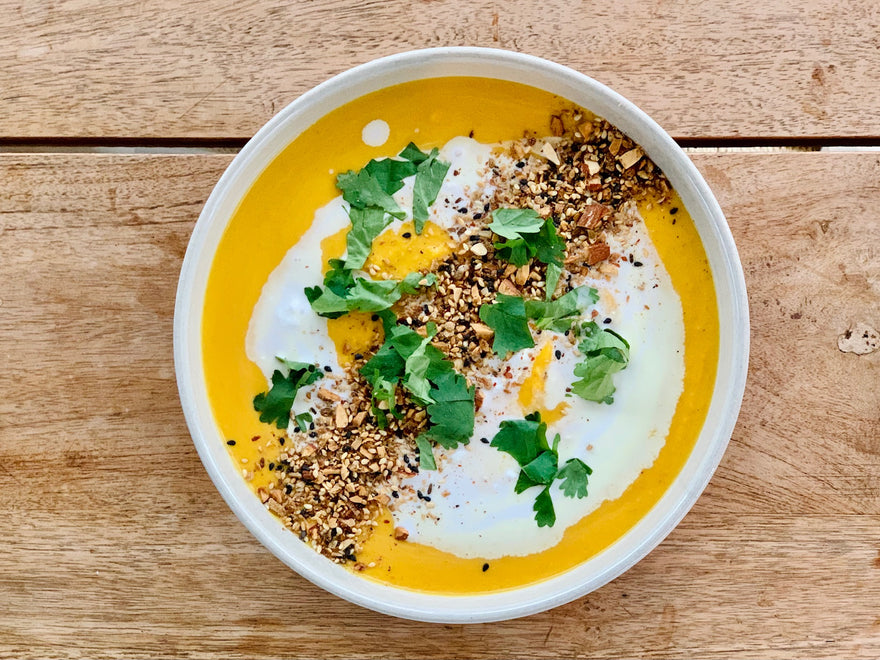 Pumpkin & Turmeric Soup with Coconut Dukkah