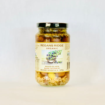 Regans Olives Basil & Garlic 375g