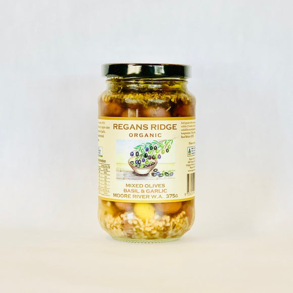 Regans Olives Basil & Garlic 375g